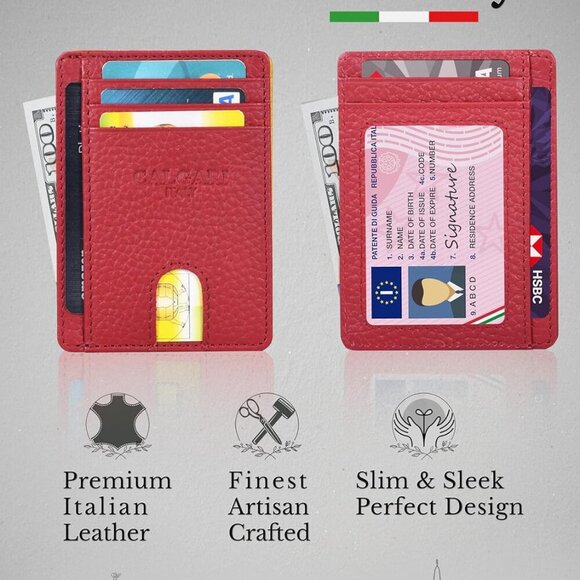 Luxury Leather Wallet Unisex RFID Card Holder Minimalist Exotic Red - Picture 3 of 6